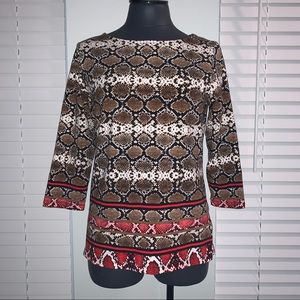 Women’s M RUBY RD. Brown Red Python Snake Print 3/4 Sleeve Pullover Top NEW